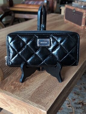 Michael Kors Black Quilted Patent Zip Around Wallet